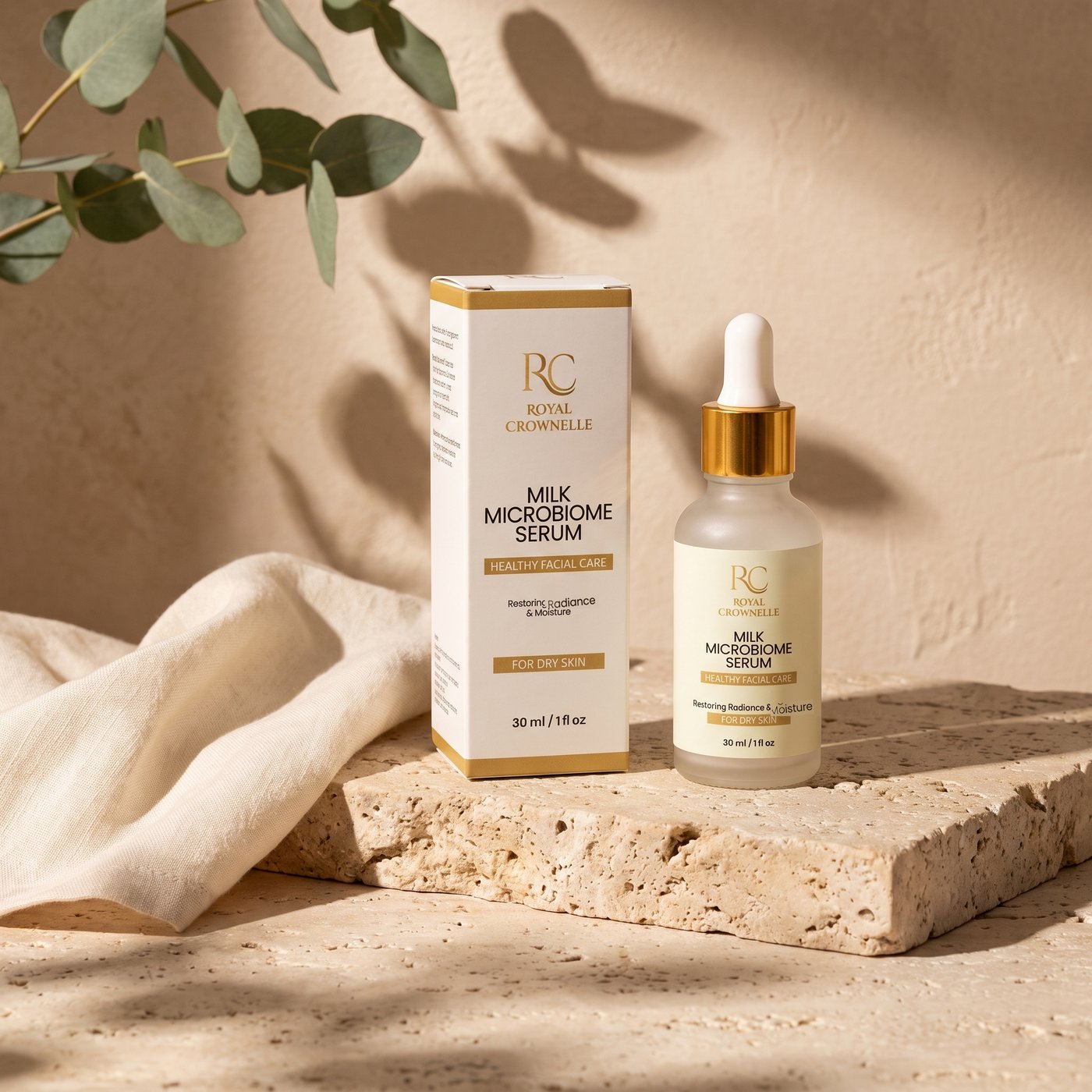 Milk Microbiome Serum bottle and carton on a sunlit travertine block