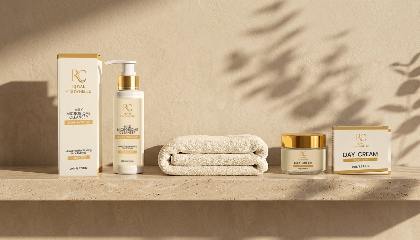 Royal Crownelle cleanser and day cream on a warm stone shelf