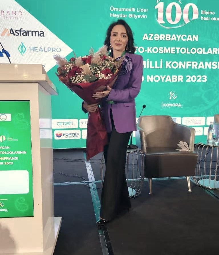 Pakiza Aghayeva on stage at the Azerbaijan National Dermato-Cosmetology Congress