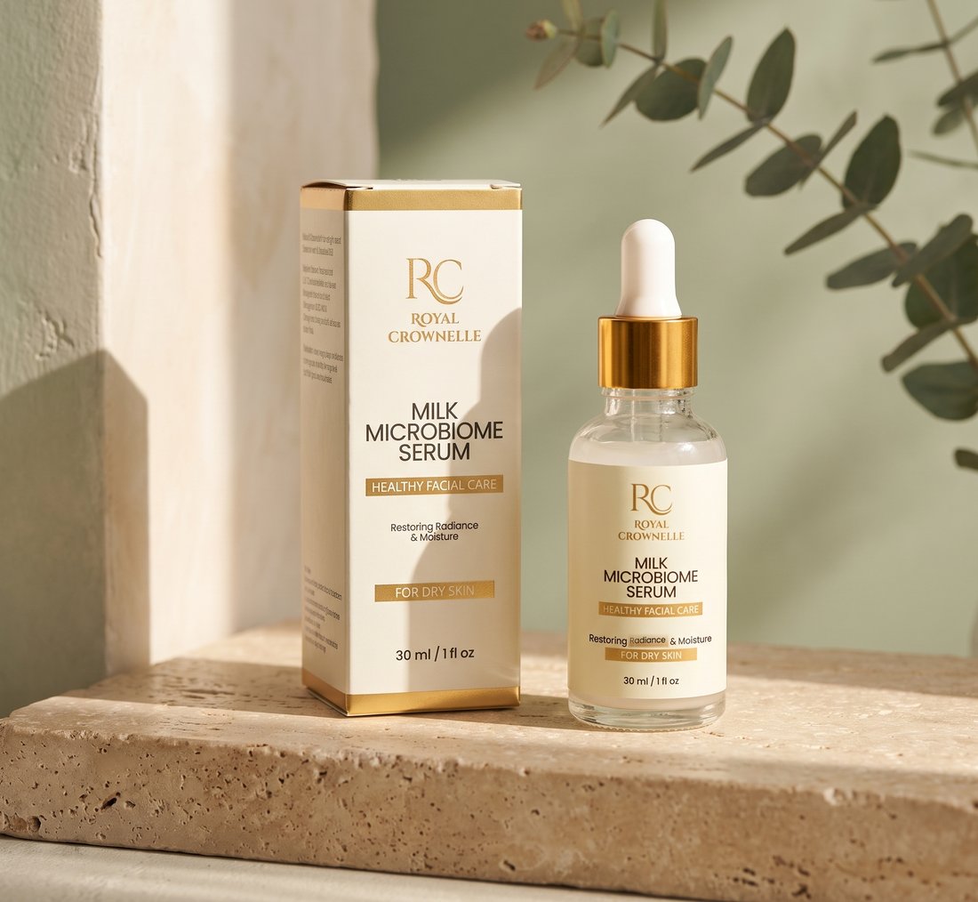 Milk Microbiome Serum for dry skin, bottle and carton on a sunlit stone ledge
